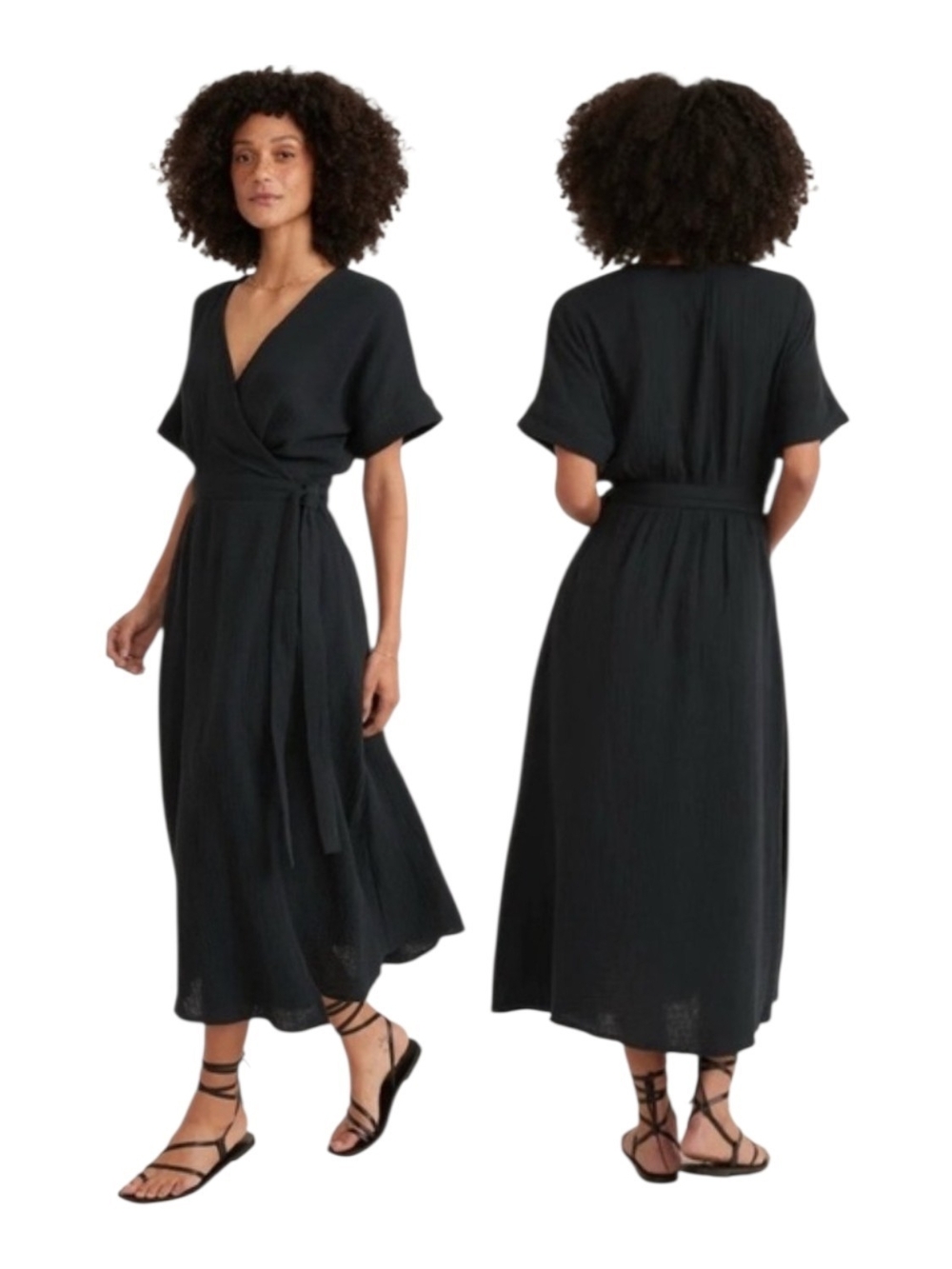 NWT Marine Layer Valencia Black Gauzy Surplice Cotton Wrap Midi SS Dress XS